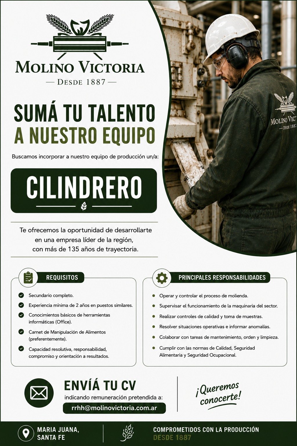 Molino Victoria busca incorporar un cilindrero a su equipo de producción